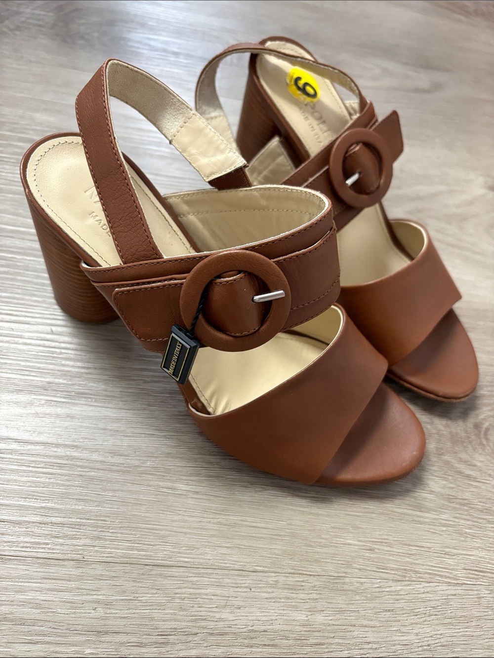 Women's Brown Block Heel Slingback Sandals with Round Buckle